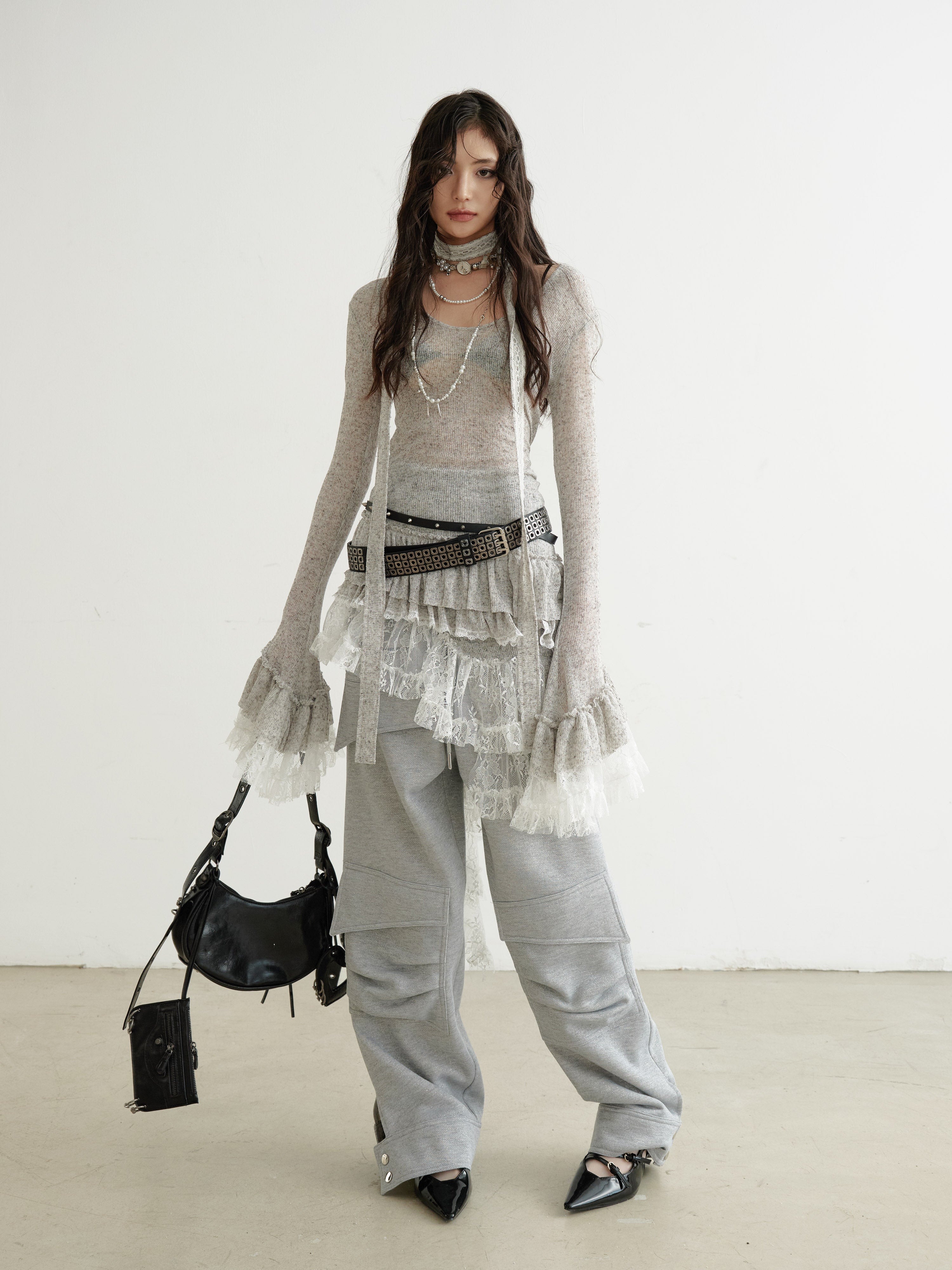 Ethereal Sheer Lace-Panel Asymmetrical Knit Dress