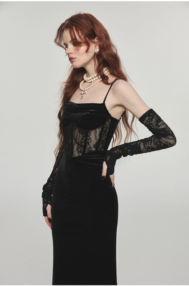 1Jinn Velvet Dress With Fishbone Straps - chiclara