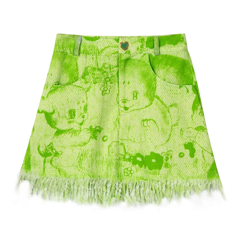 Puppy Print Frayed Denim Skirt