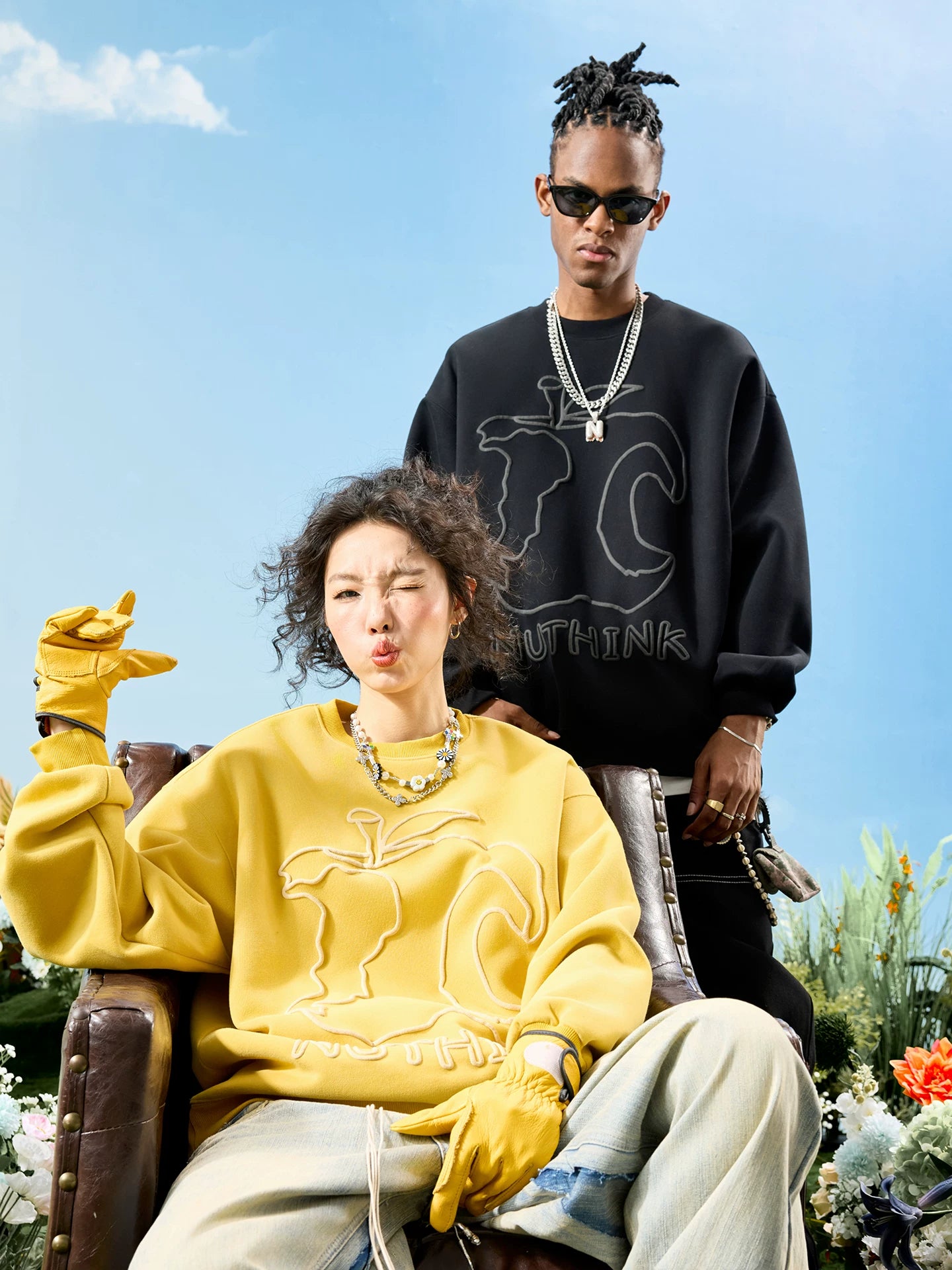 Abstract Outline Embroidered Oversized Crewneck Sweatshirt