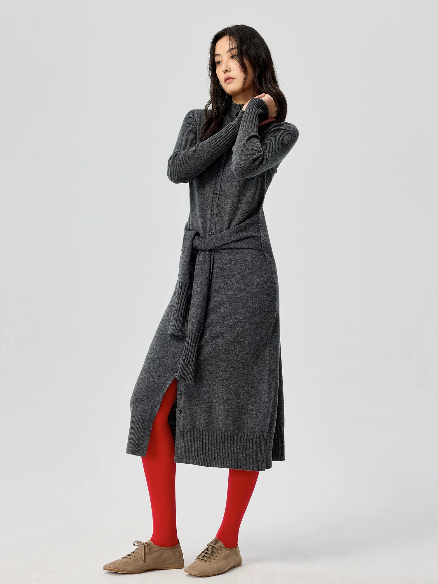 Button-Front Knit Midi Dress with Waist Tie