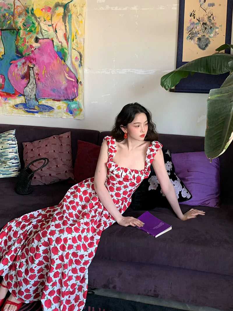 Red Rose Ruffle Slip Maxi Dress