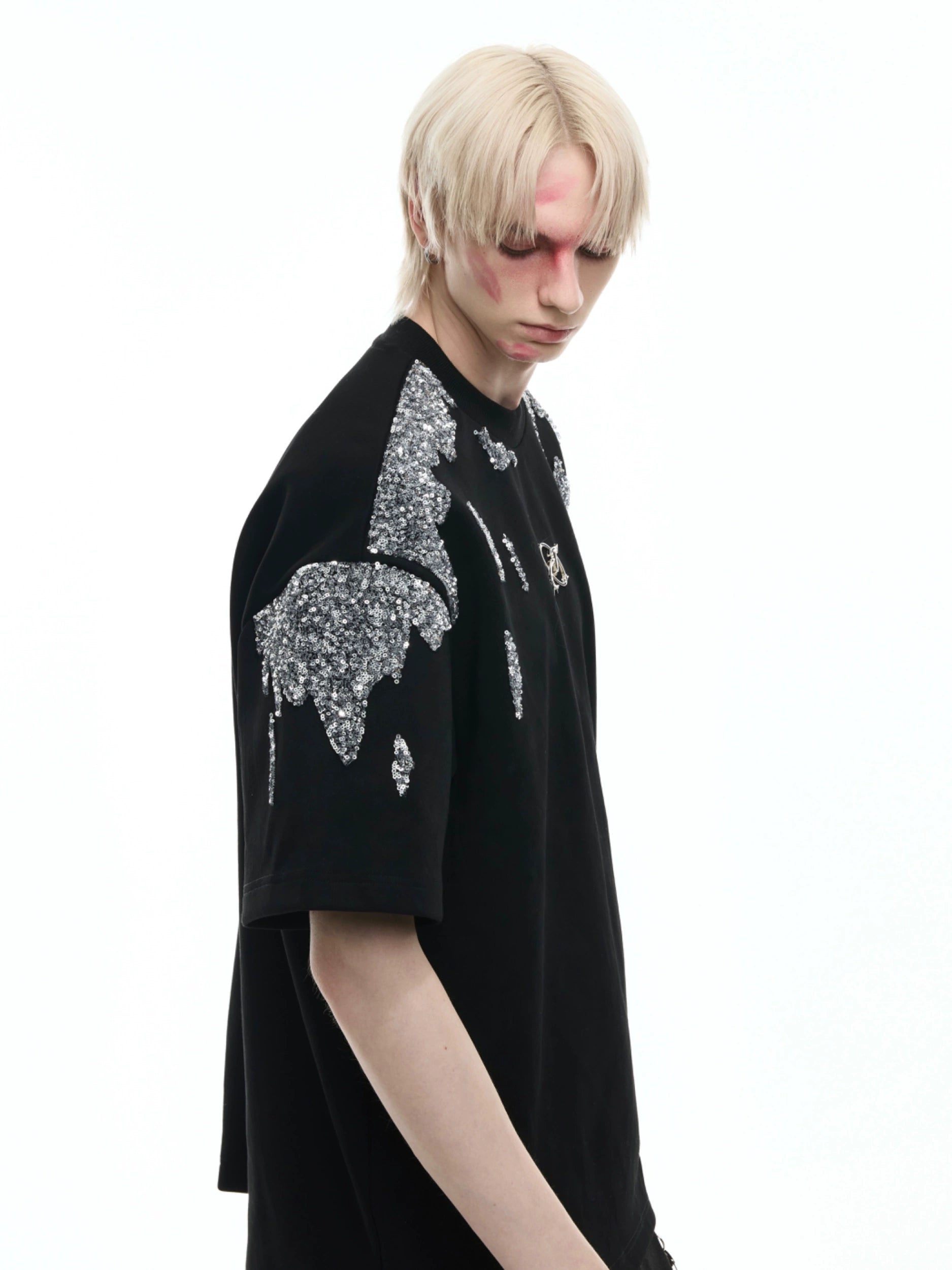 Crystal Shoulder Black Oversized Tee