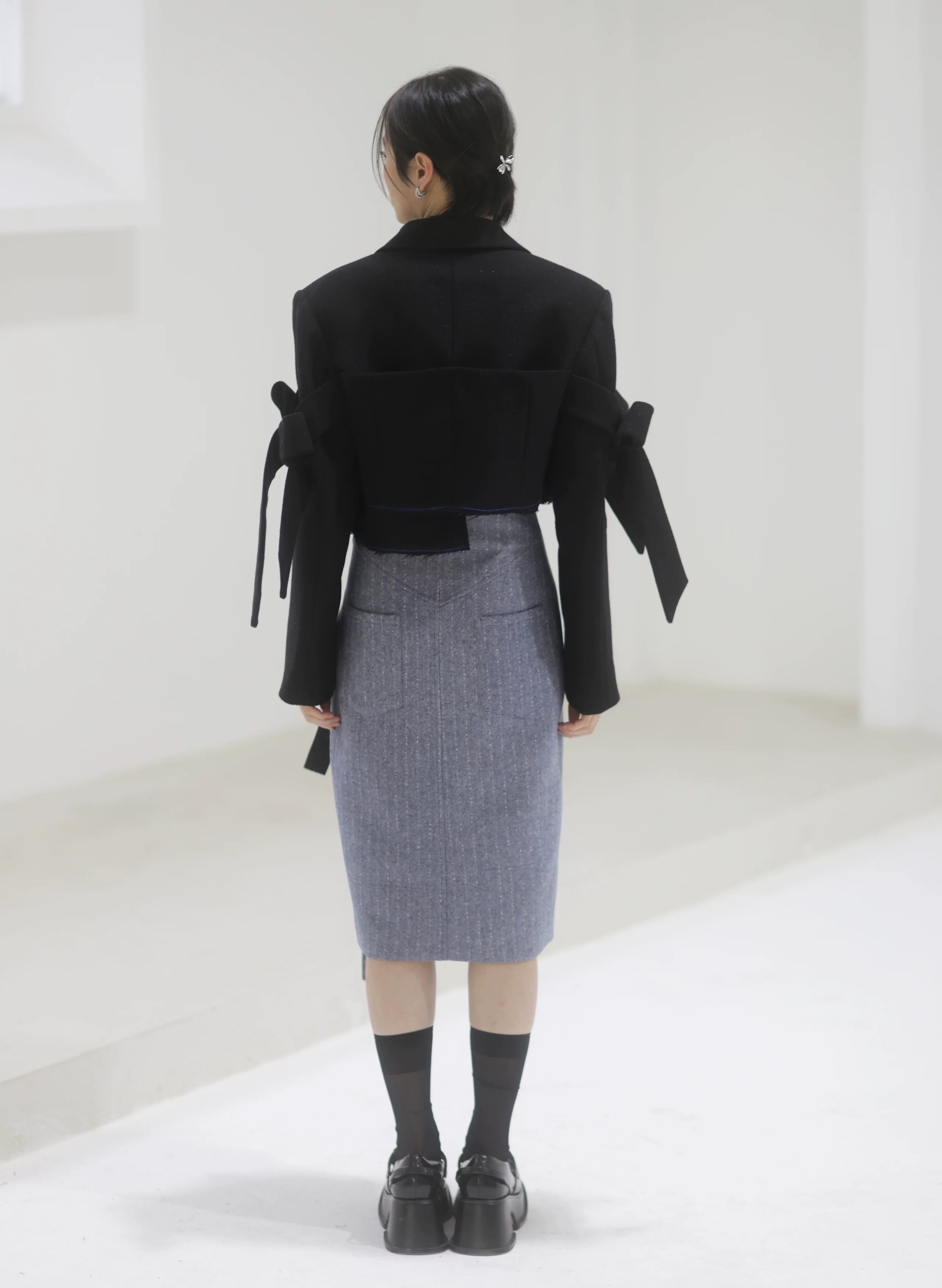 Steel Herringbone Pencil Midi Skirt