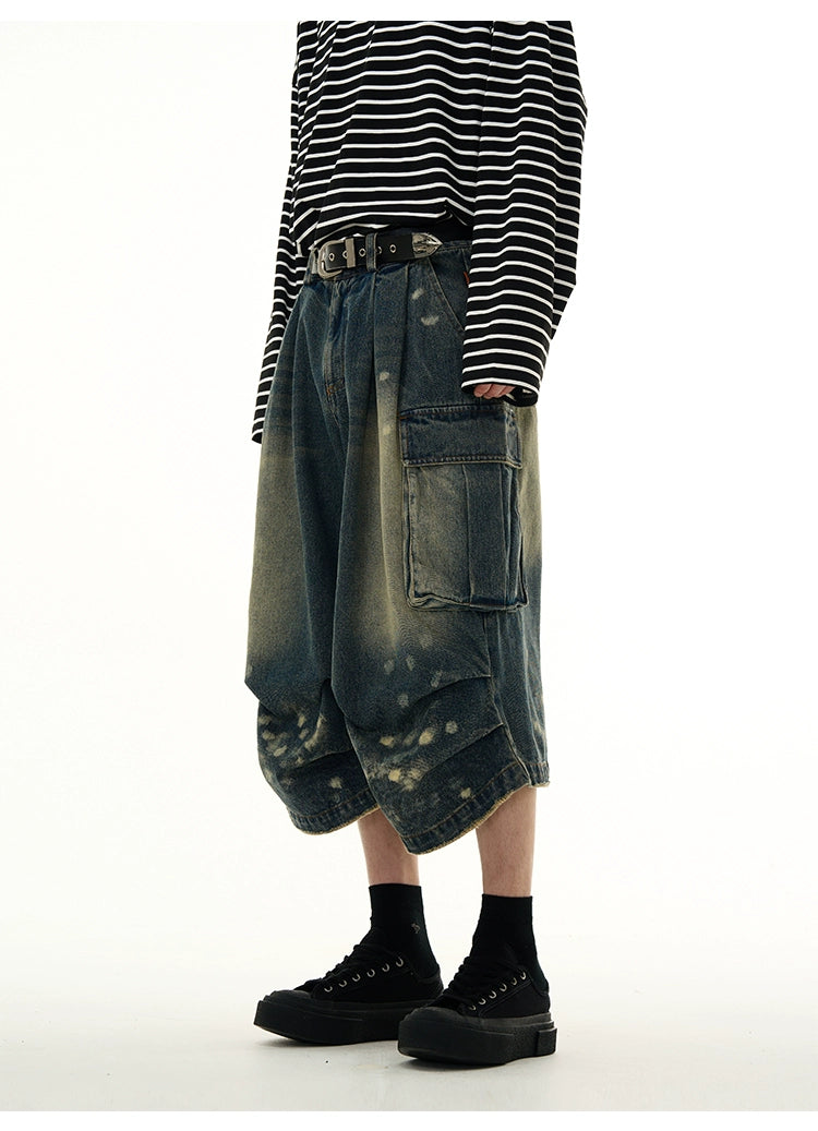 Bleached Wide-Leg Denim Cargo Shorts