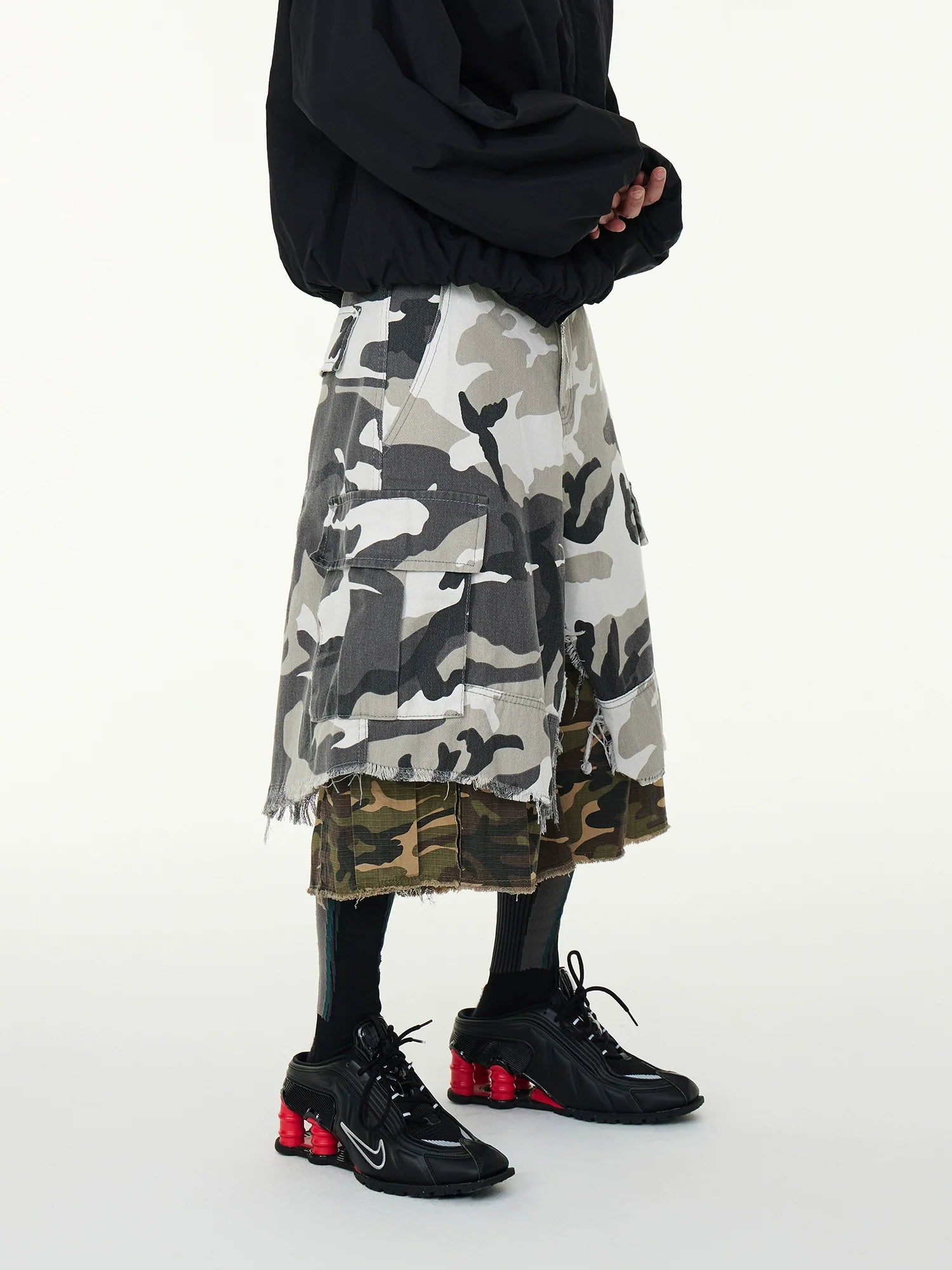 Double Layered Camo Patchwork Cargo Shorts