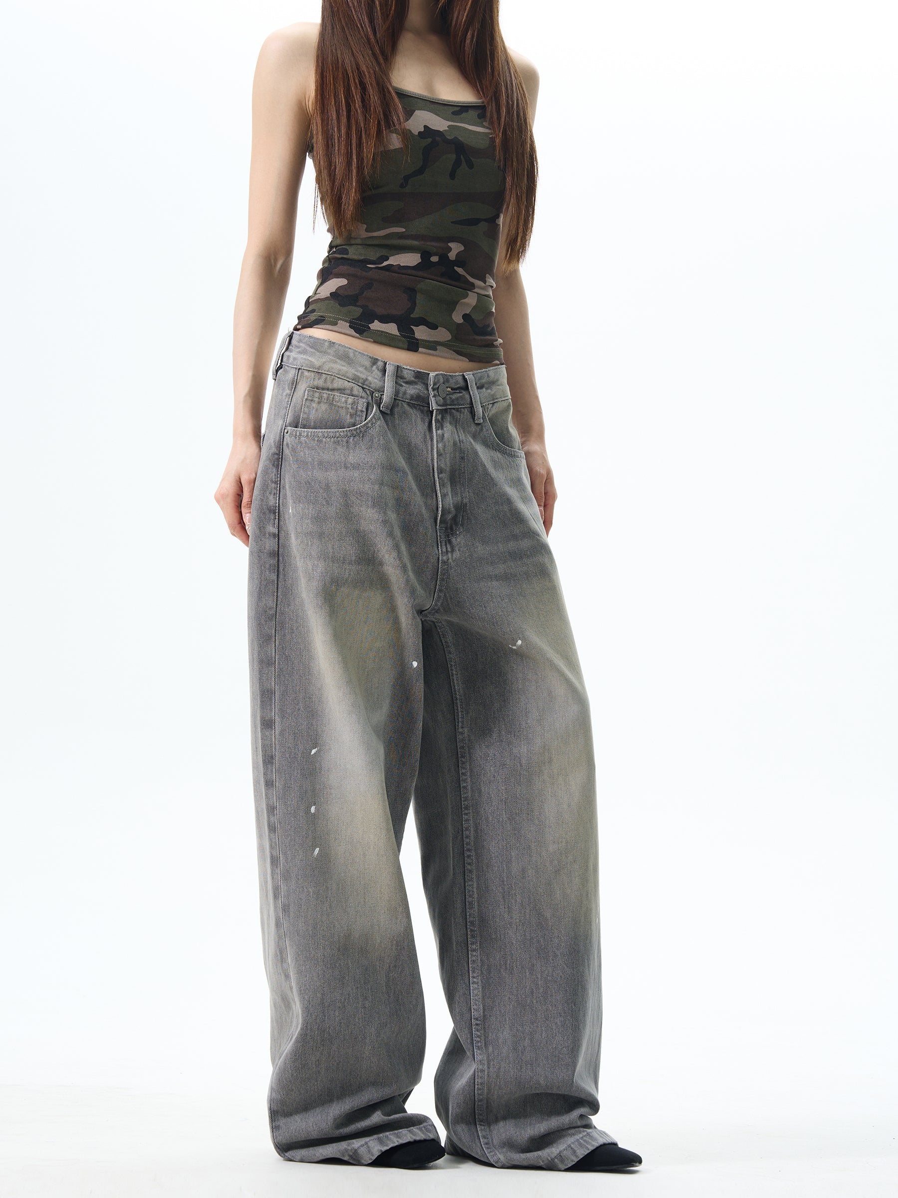Gray Washed Wide Leg Jeans