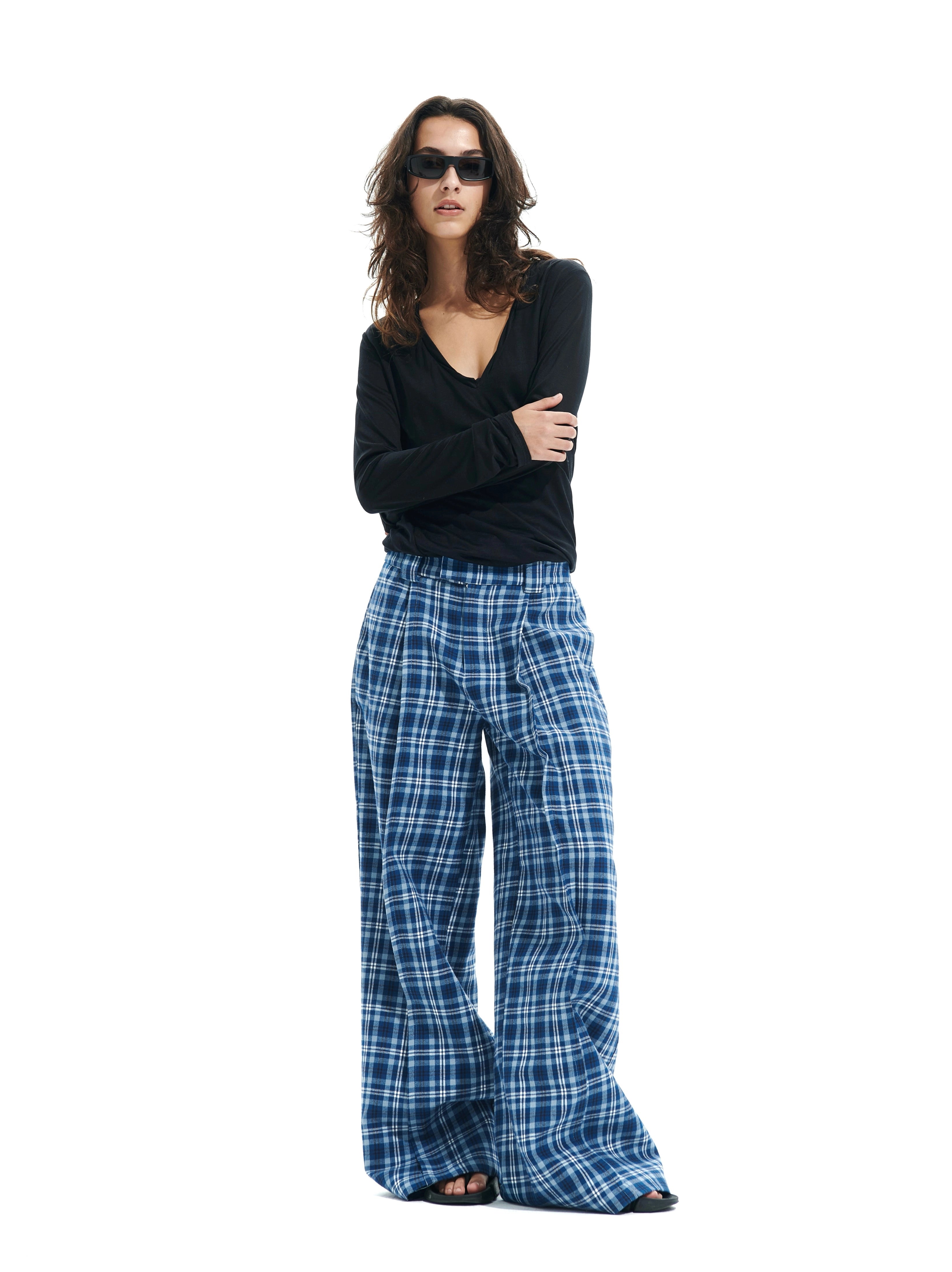 Plaid-Casu-Hosen mit weitem Bein