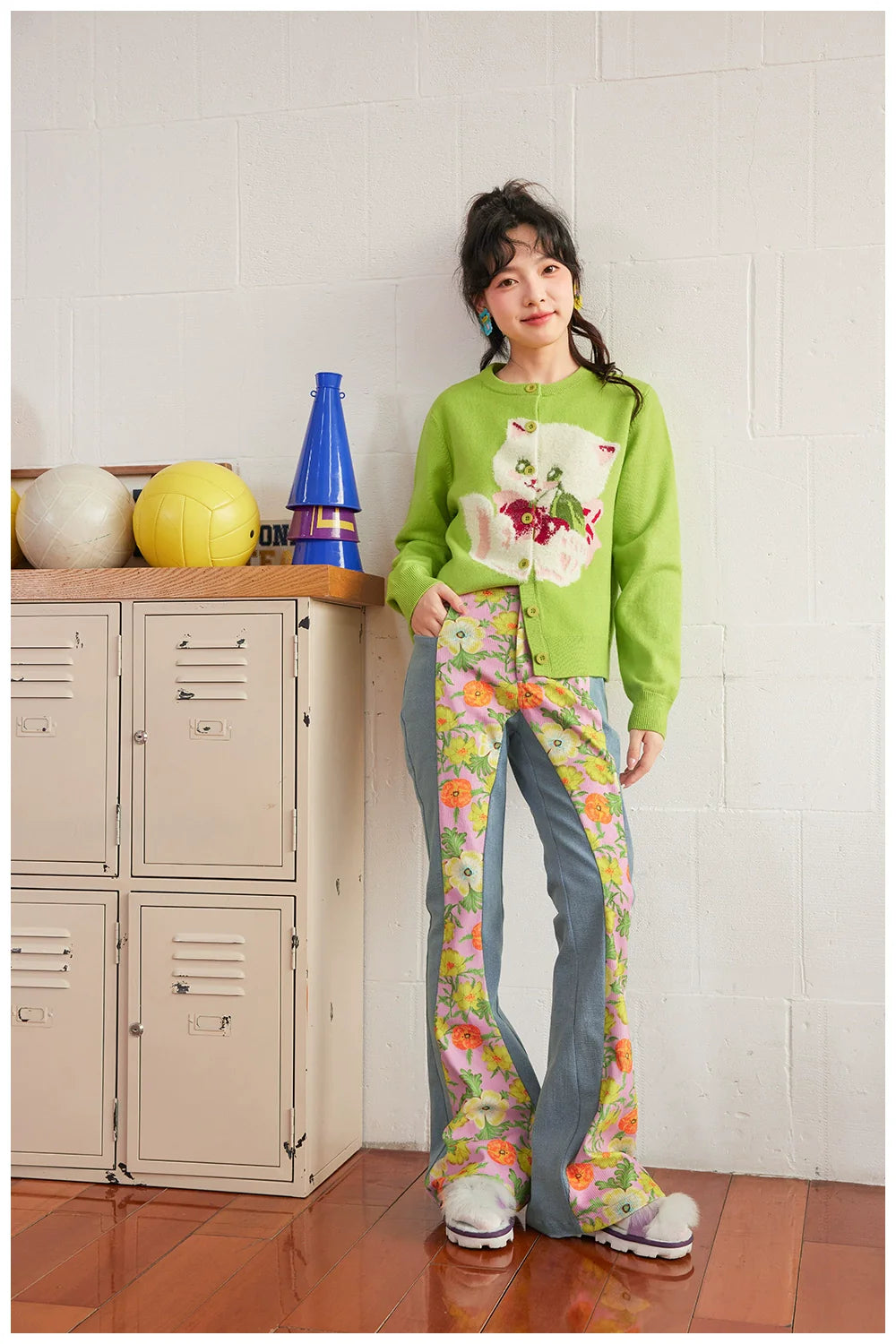 Lime Green Kitty Print Button-Up Cardigan