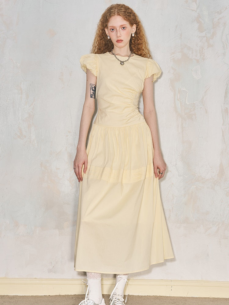 Round Neck Puff Sleeve Long Gather One-Piece - chiclara