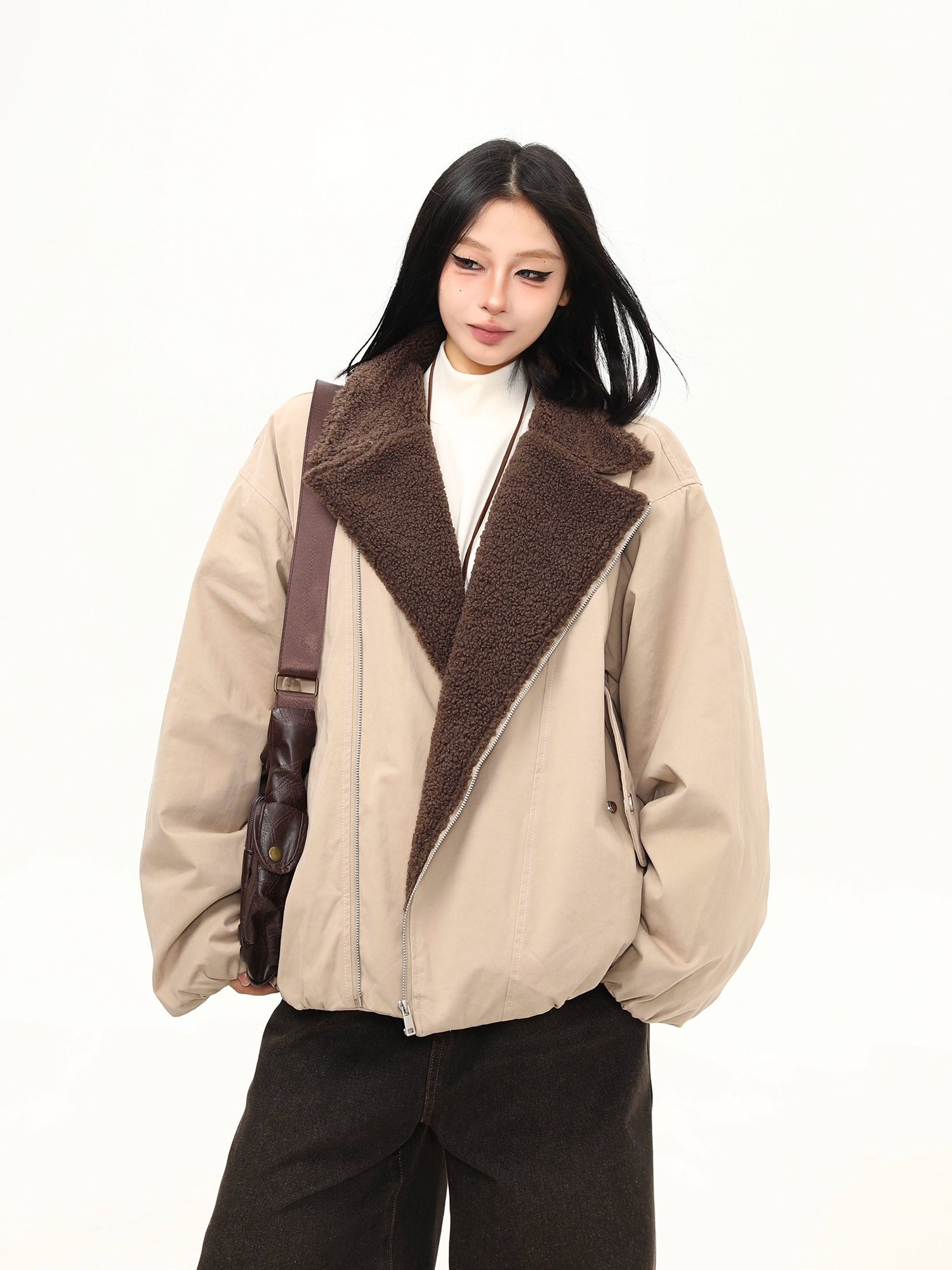 Sandstone Shearling Panel Zip Jacket