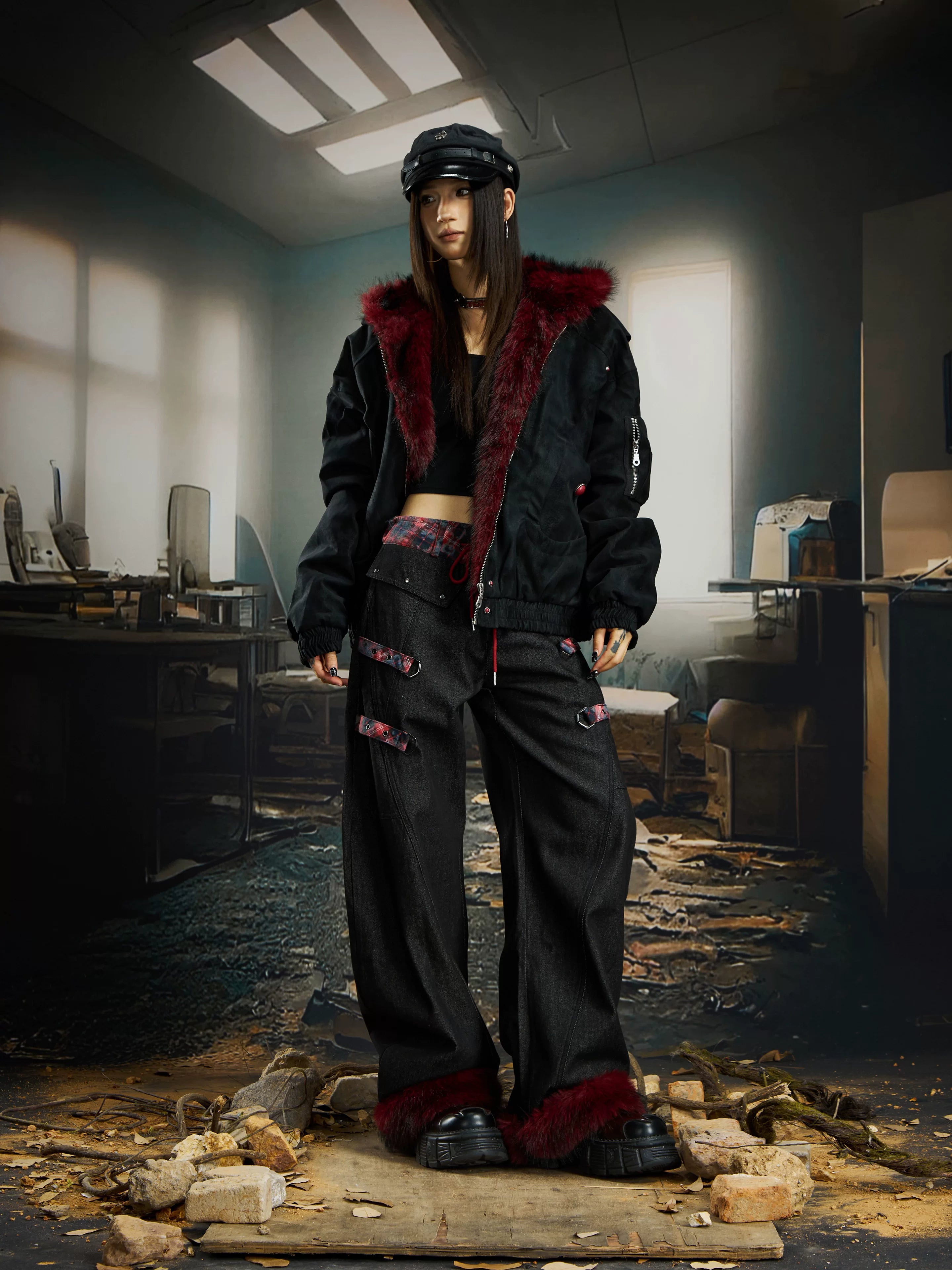 Crimson Howl Fur‑Hood Rebel Jacket
