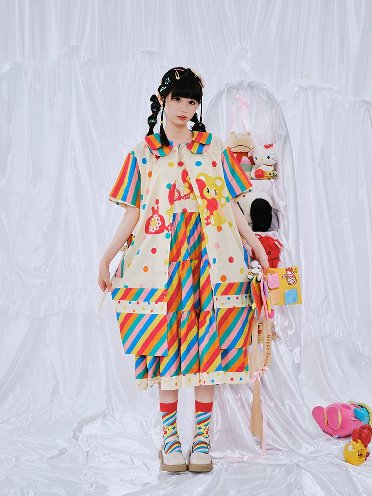 Rainbow Stripe Bear Polka Dot Dress