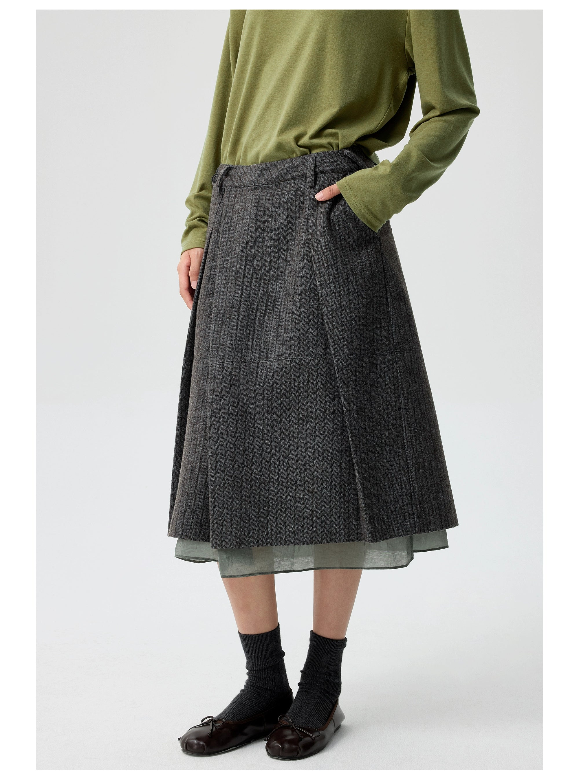 Pinstripe Wool Layered Midi Skirt