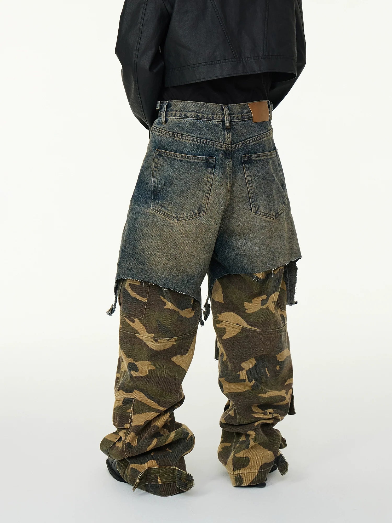 Layered Denim & Camo Patchwork Pants