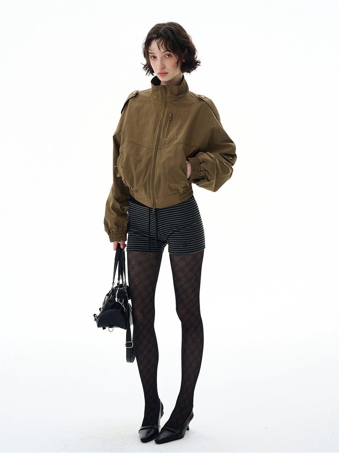 Cropped Utility High Collar Bomber Jacket