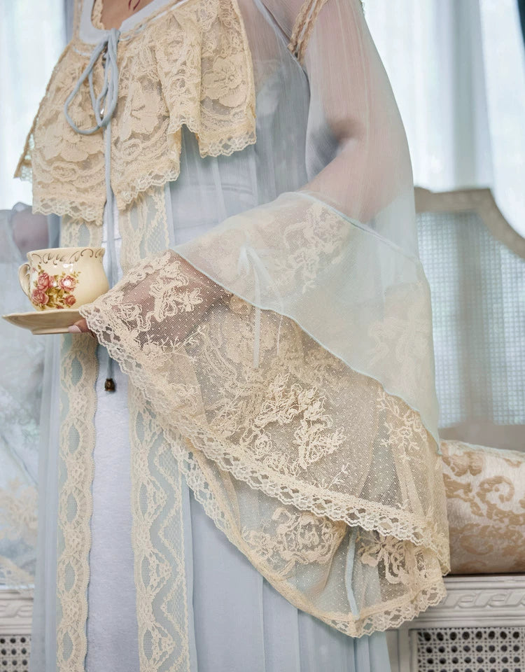 Lace Trim Bell Sleeve Duster Robe