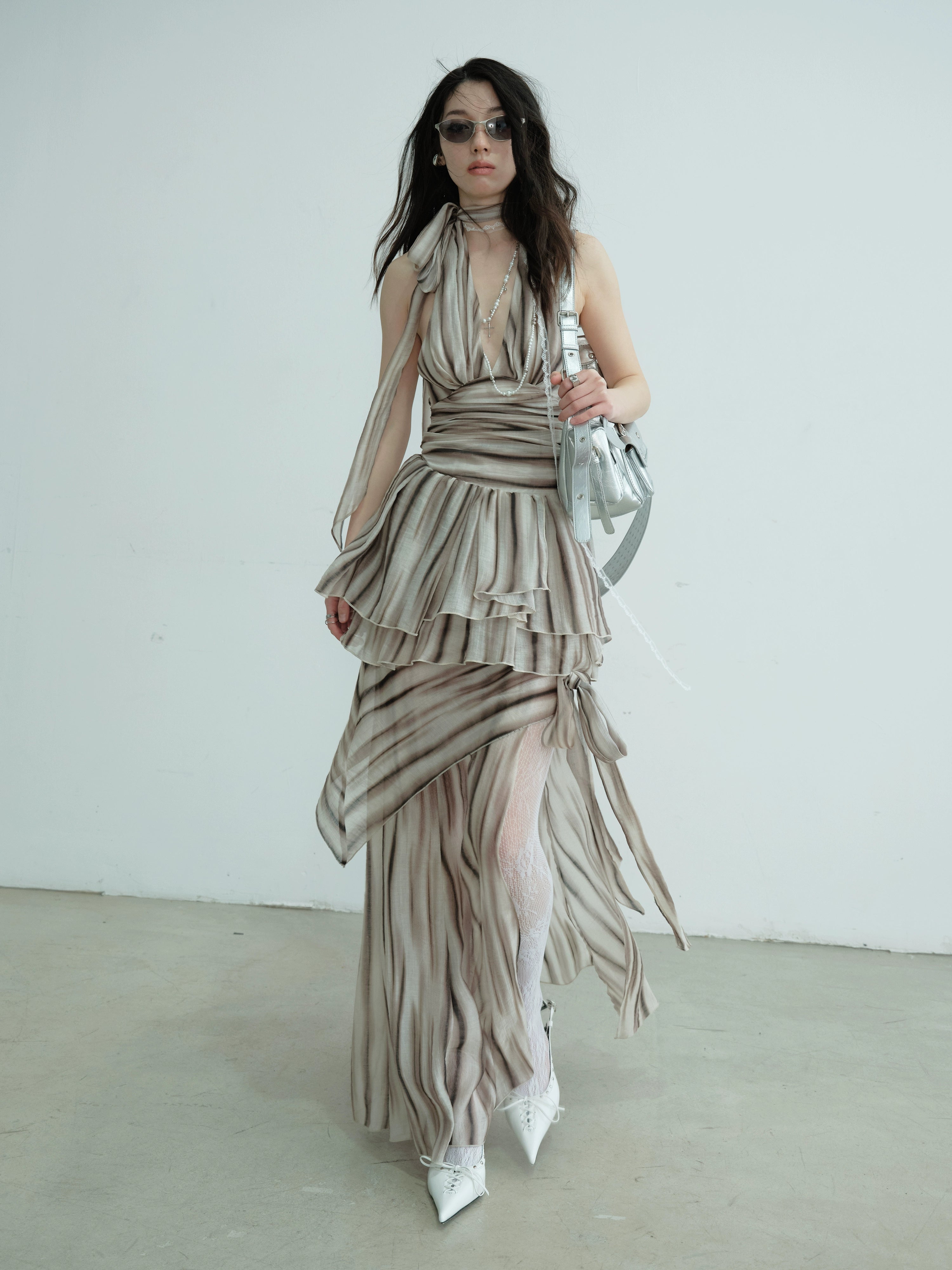 Ruched Halter Striped Two-Piece Dress Set