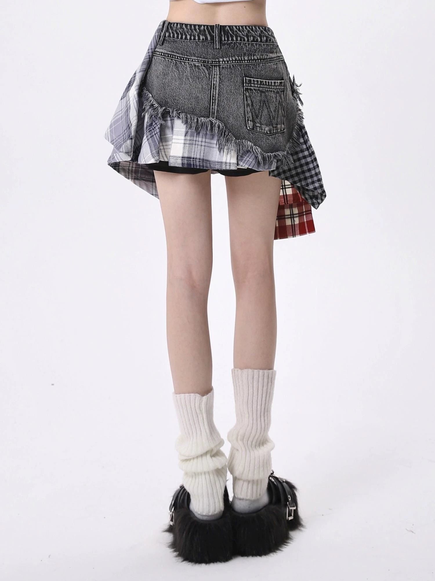 Mixed Plaid Patchwork Denim Mini Skirt