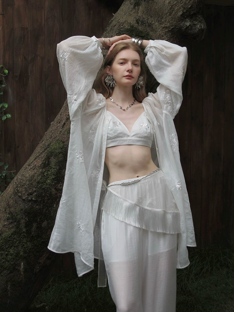 White Embroidered Button-Front Peasant Blouse