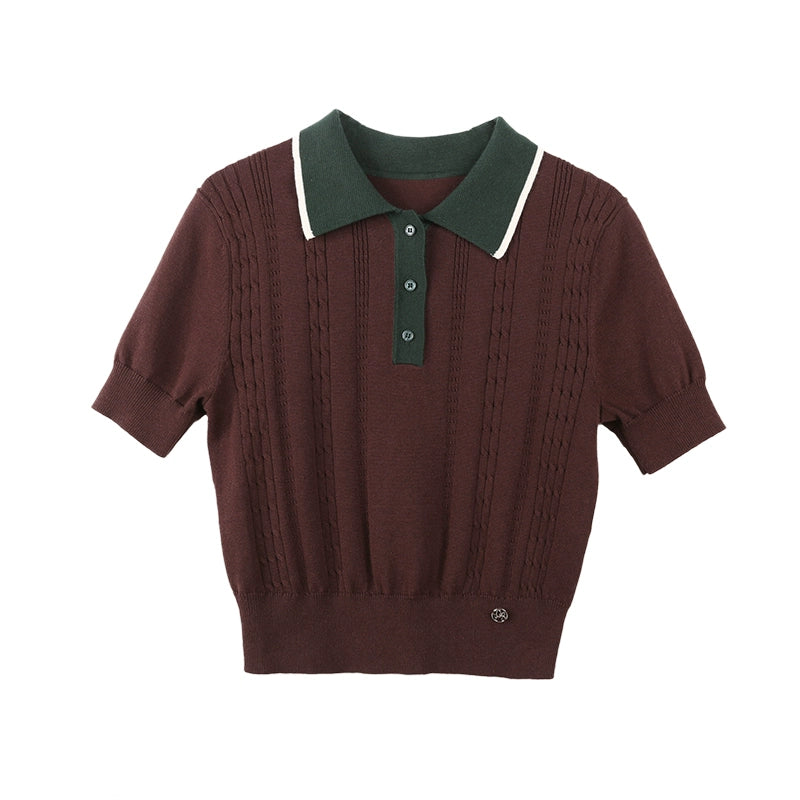 Contrast Collar Knit Polo Tops
