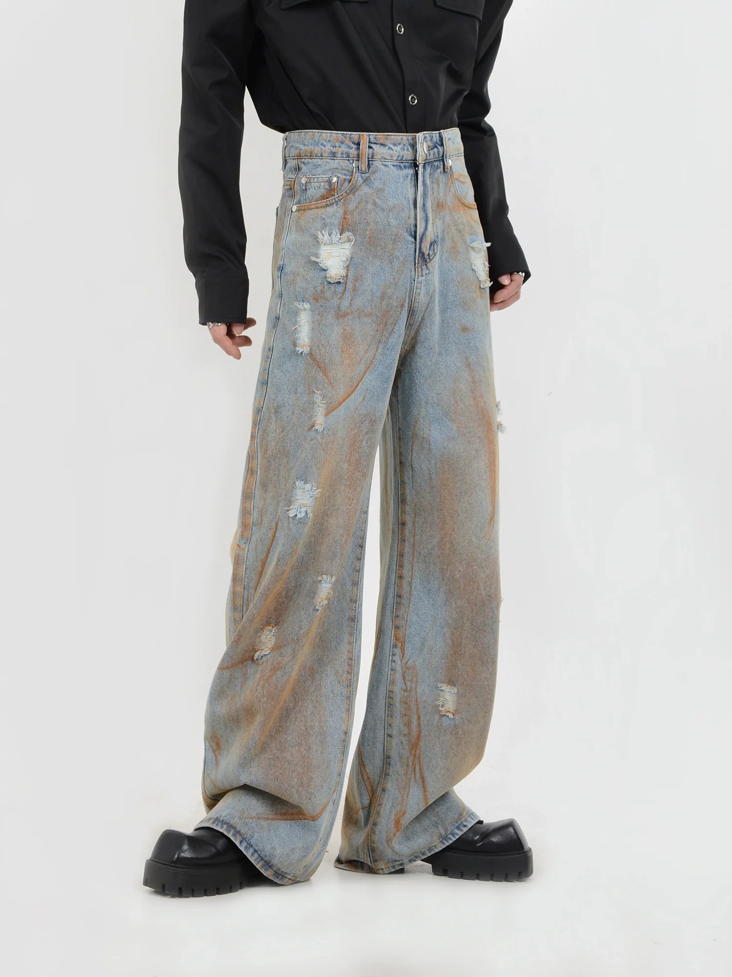 Damage Rust Wash Wide-Leg Jeans