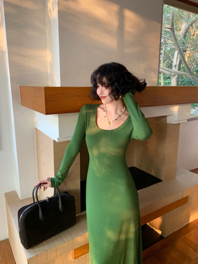 U-Neck Long Sleeve Maxi Dress