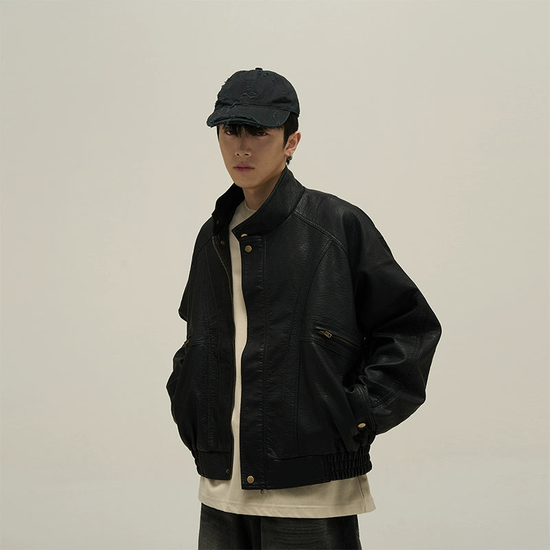 Stand Collar Vintage Faux Leather Jacket