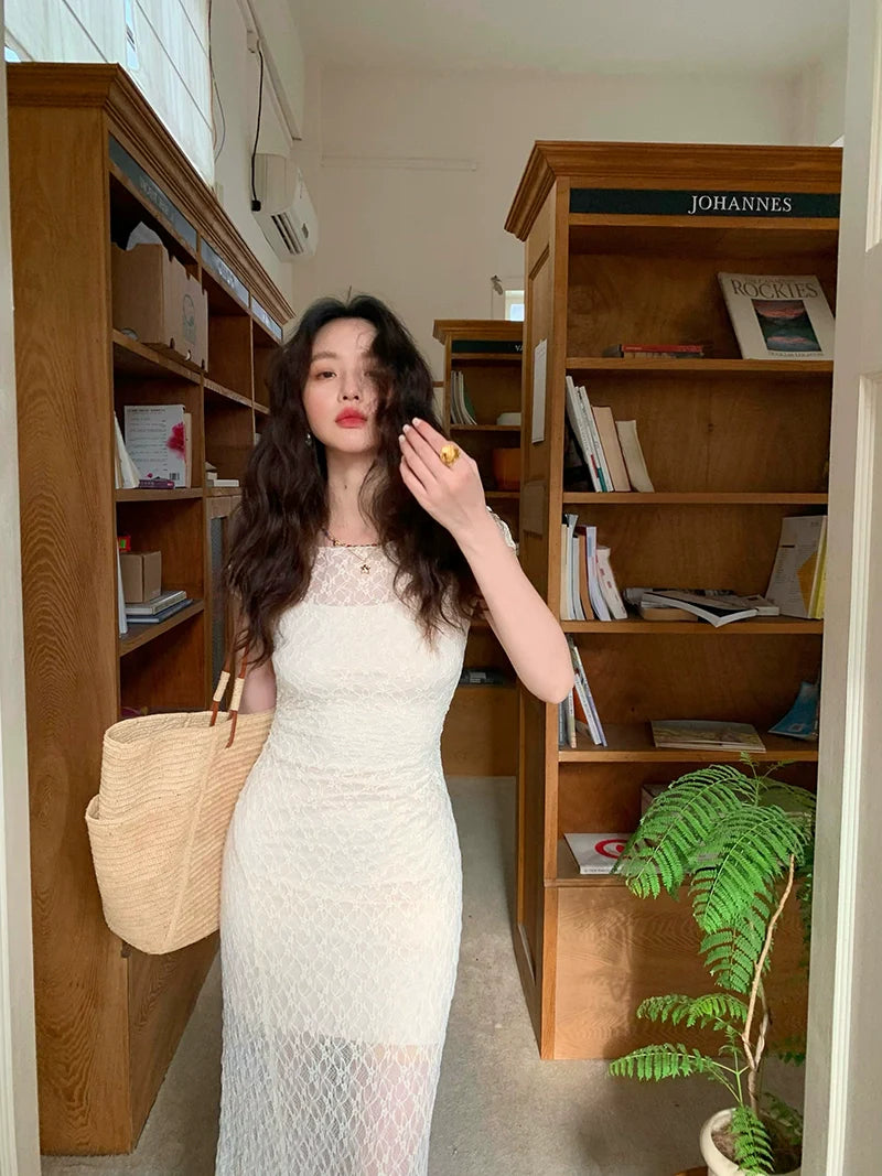 Ivory Short Sleeve Lace Maxi Dress and Suspender Set