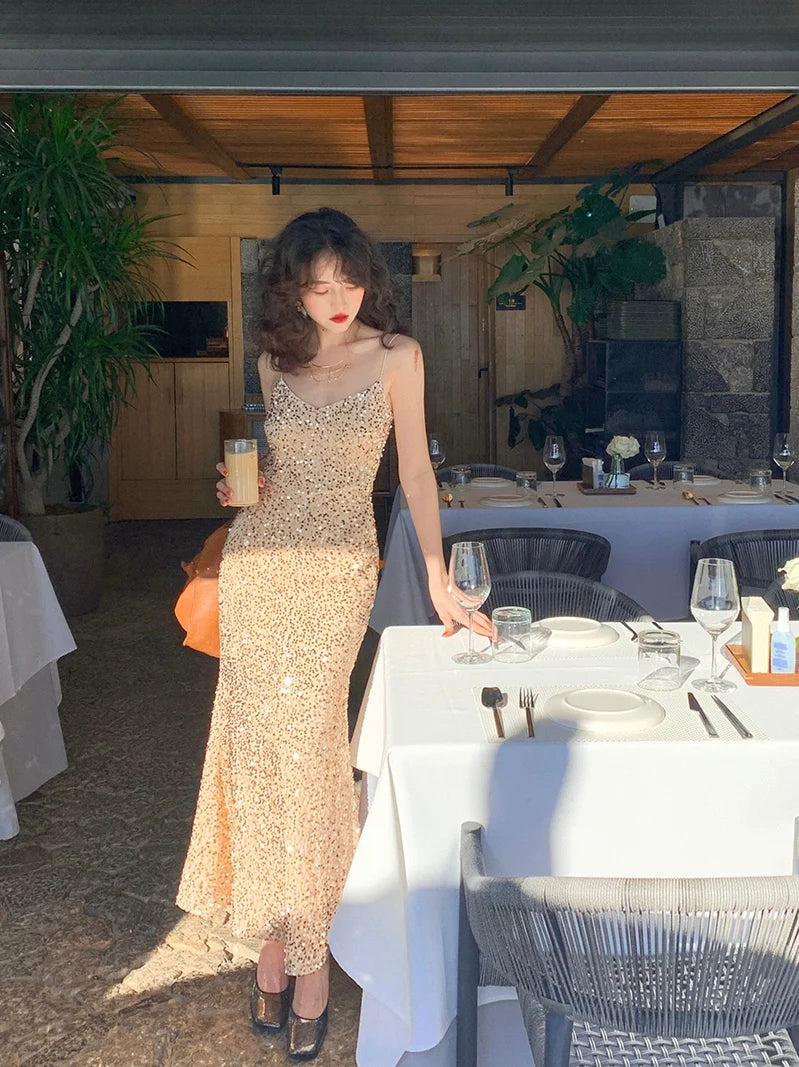 Sequin Spaghetti Strap Long Gown