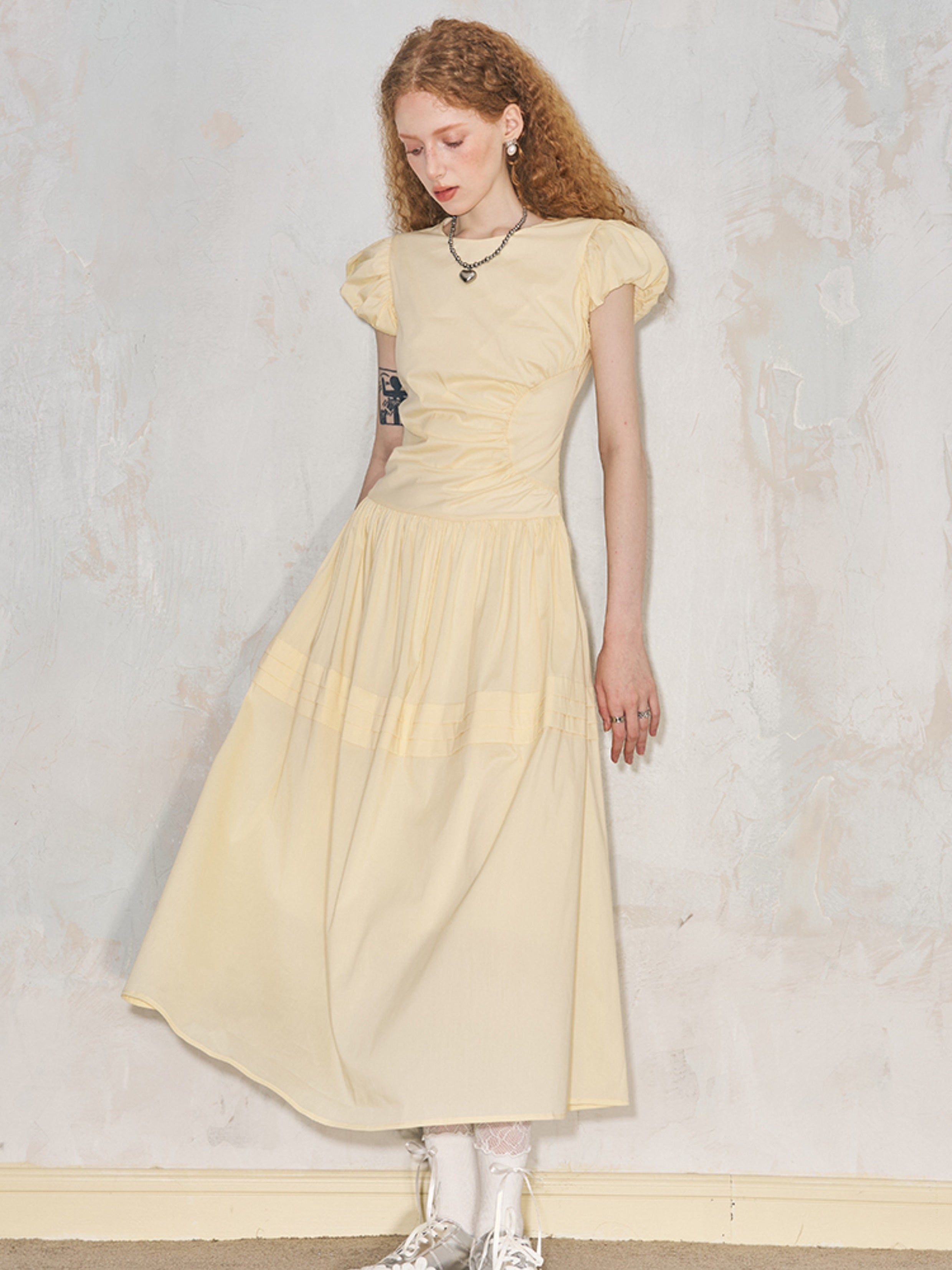 Round Neck Puff Sleeve Long Gather One-Piece - chiclara