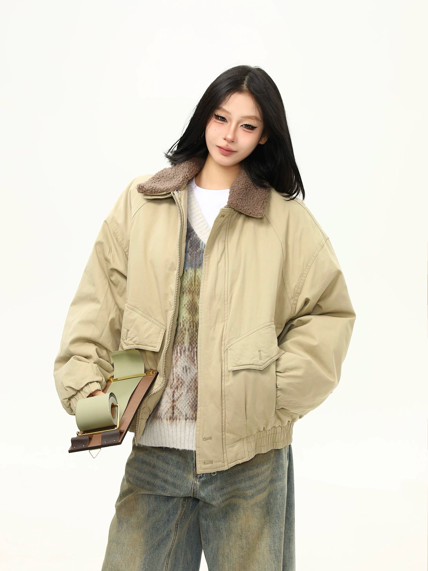 Sand Dune Sherpa-Collar Bomber Jacket