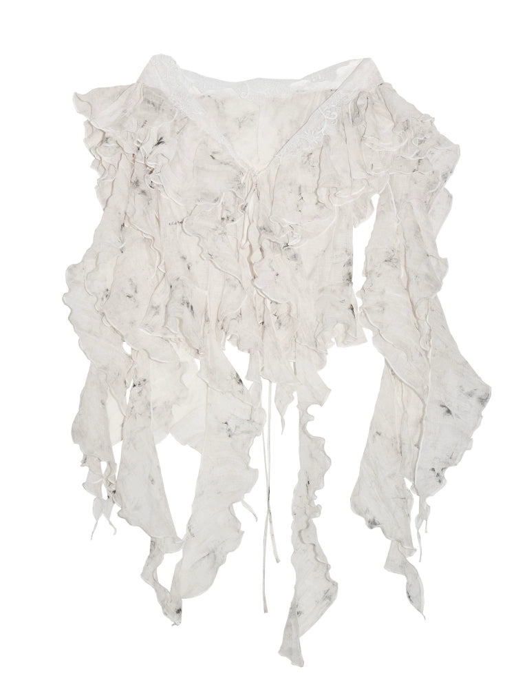 Asymmetrical Tiered Lace Ruffle Shirt in White