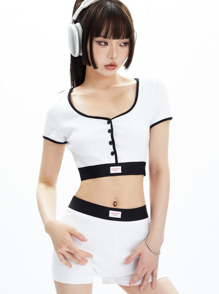 Black and White Contrast Trim Crop Top and Shorts Set