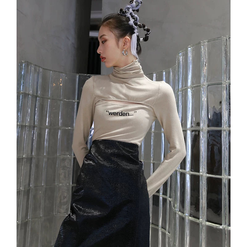 Sand Cutout Turtleneck Graphic Top