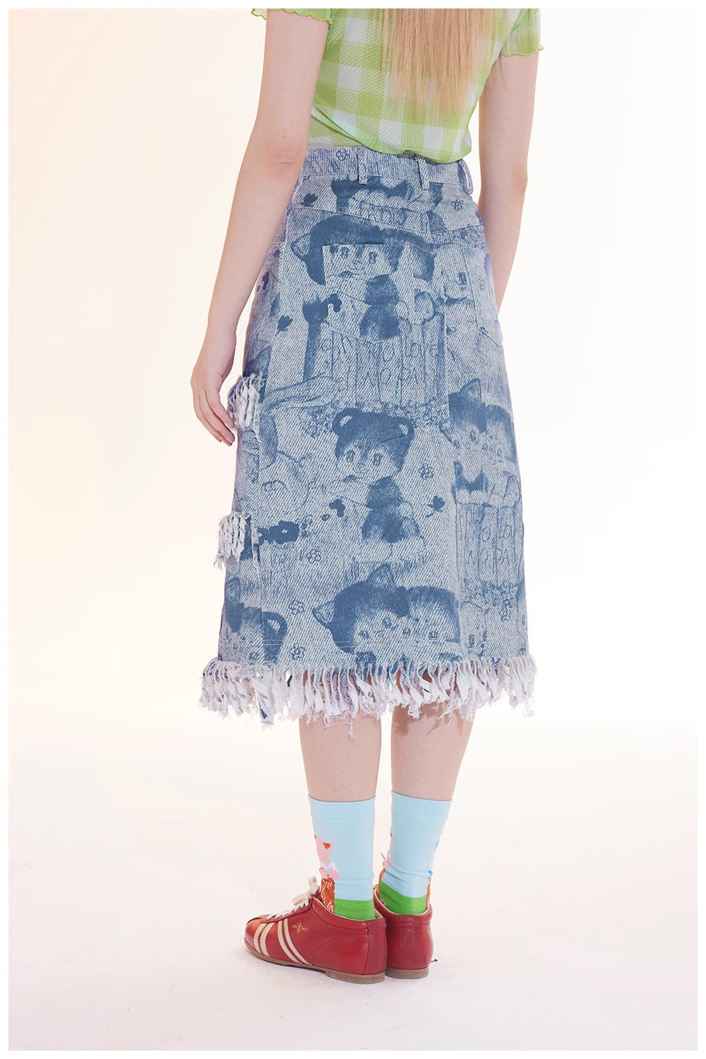 Cartoon Print Frayed Denim Midi Skirt