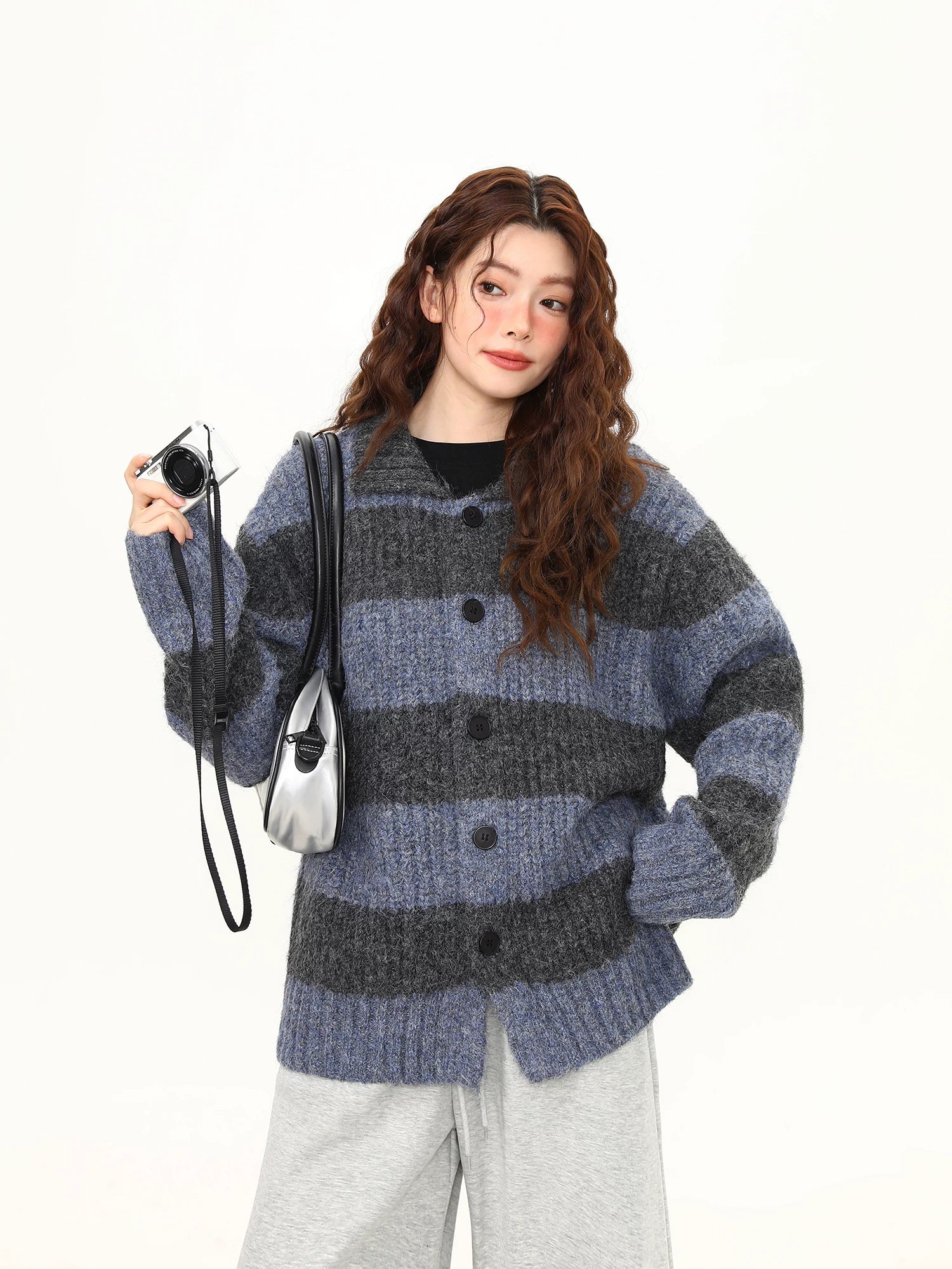 Midnight Haze Wide-Stripe Fuzzy Cardigan