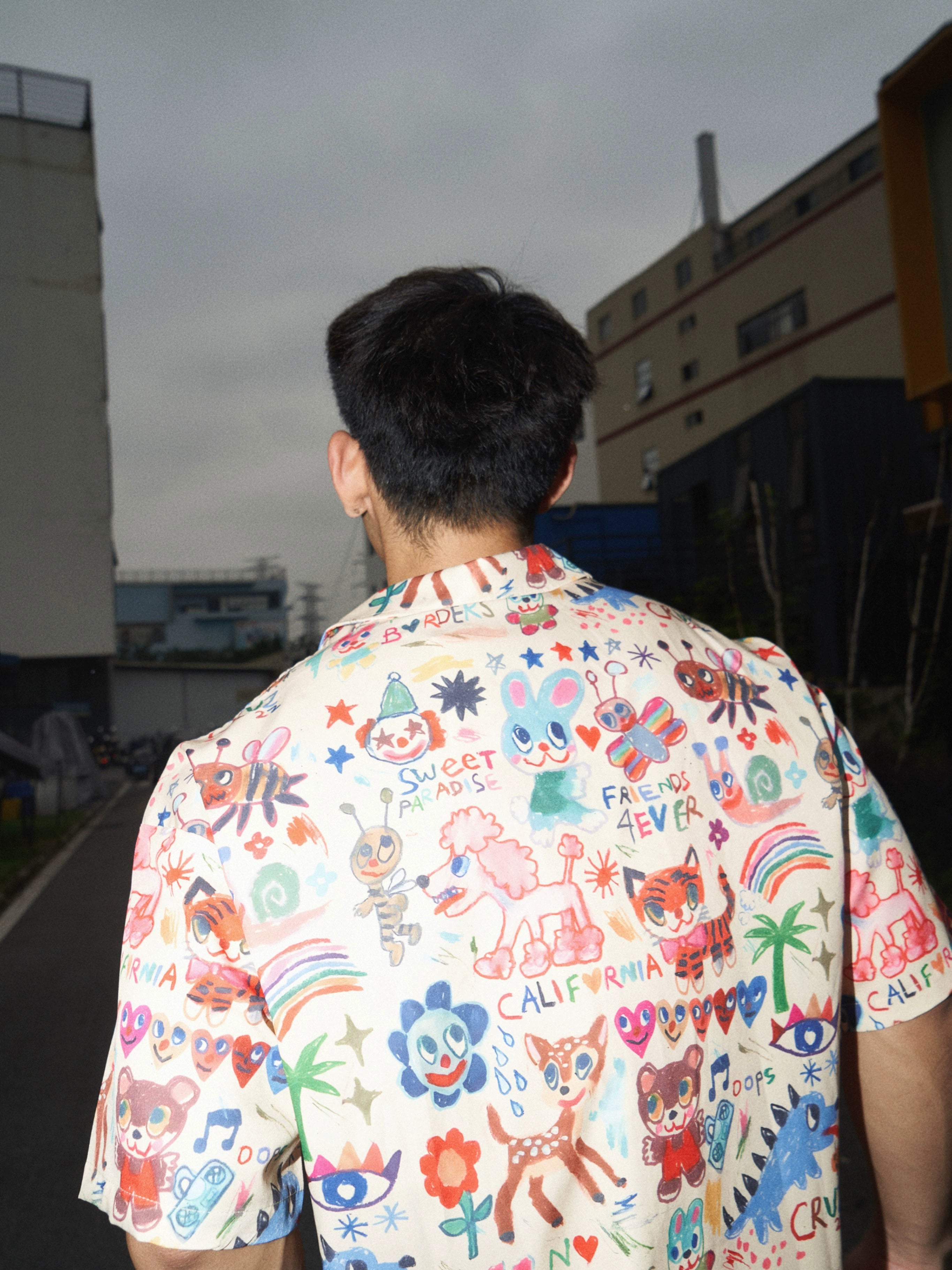Cartoon Print Short-Sleeve Button-Up Shirt