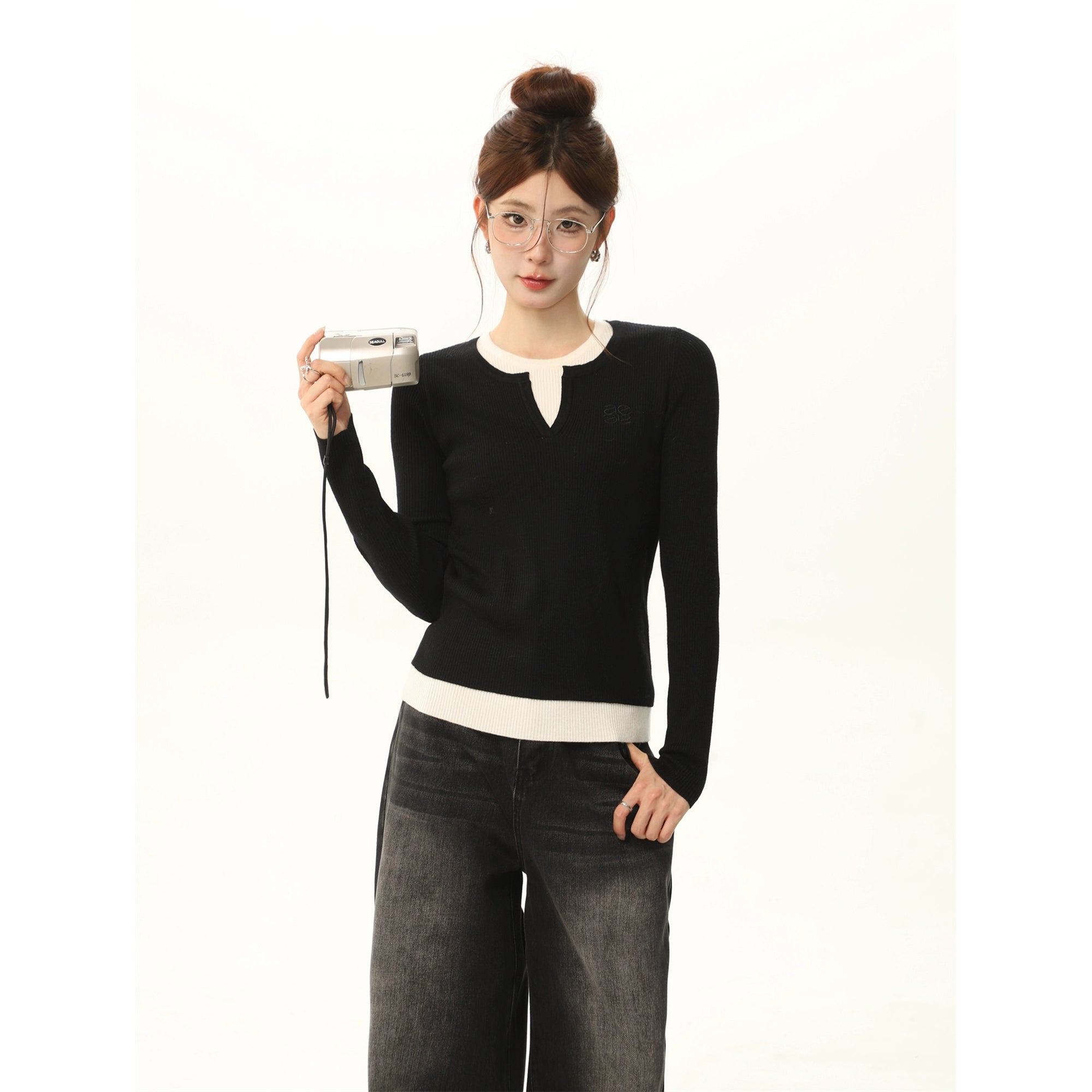Runder Nackenfarbe Block Langarm Strickpullover