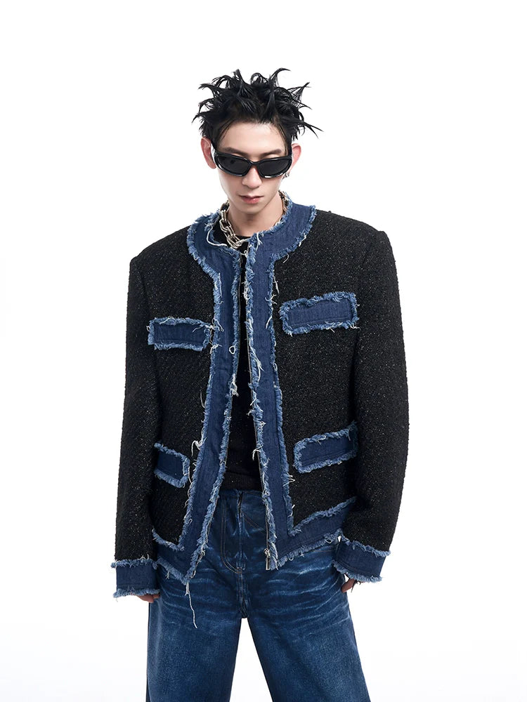 Tweed Jacket with Distressed Denim Trim
