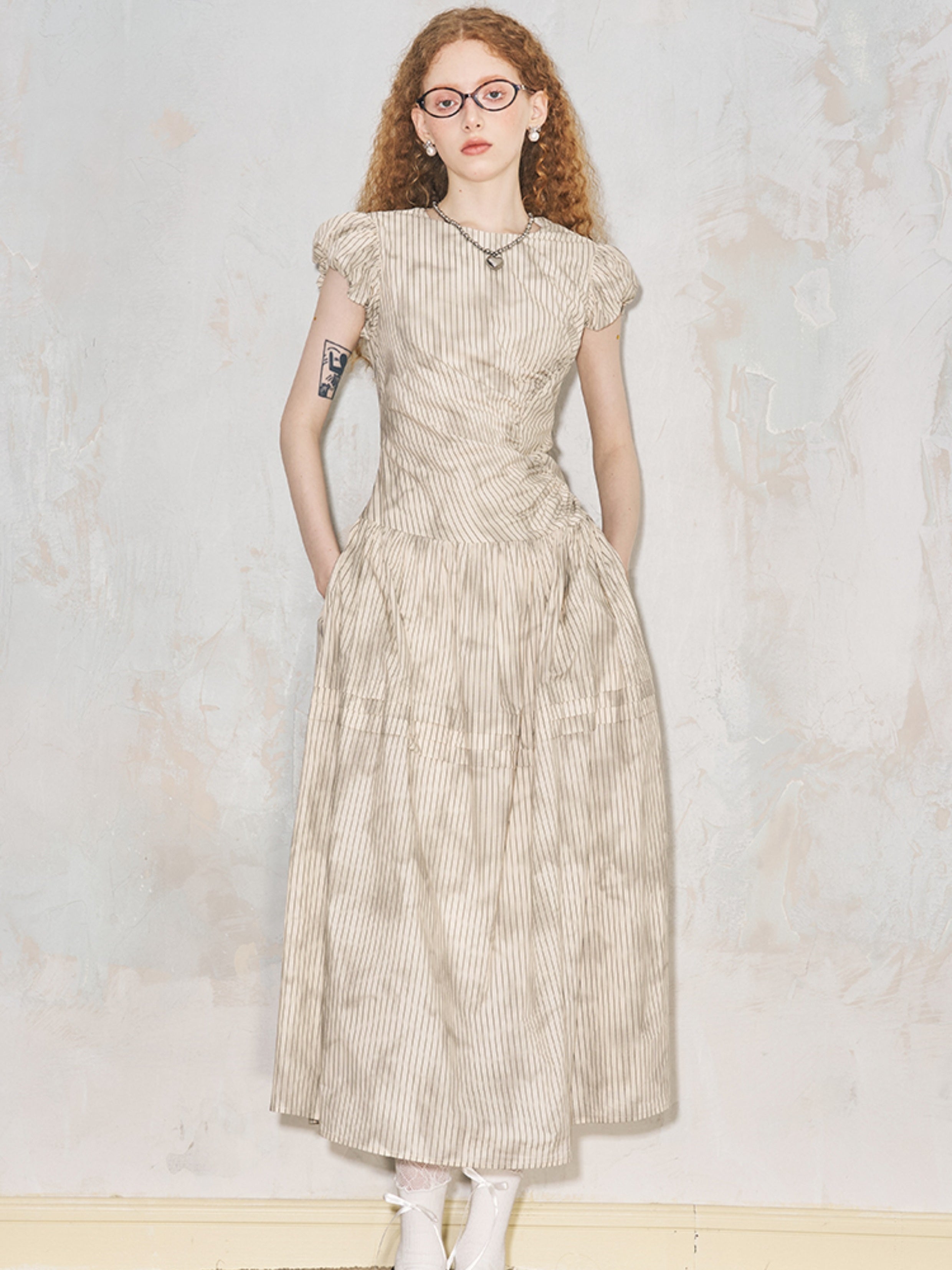 Round Neck Puff Sleeve Long Gather One-Piece - chiclara