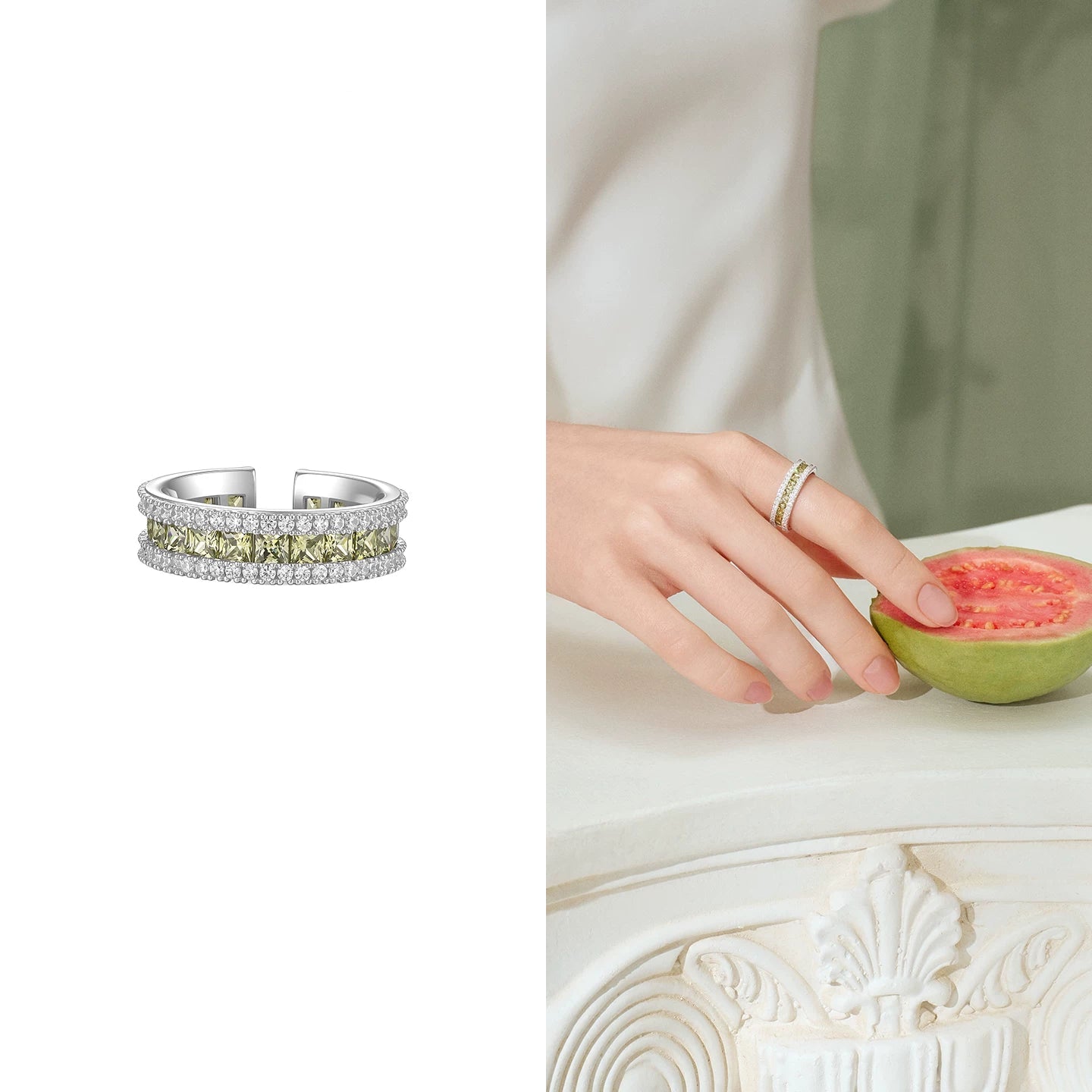 Rotating Crystal Band Ring - Olive Green