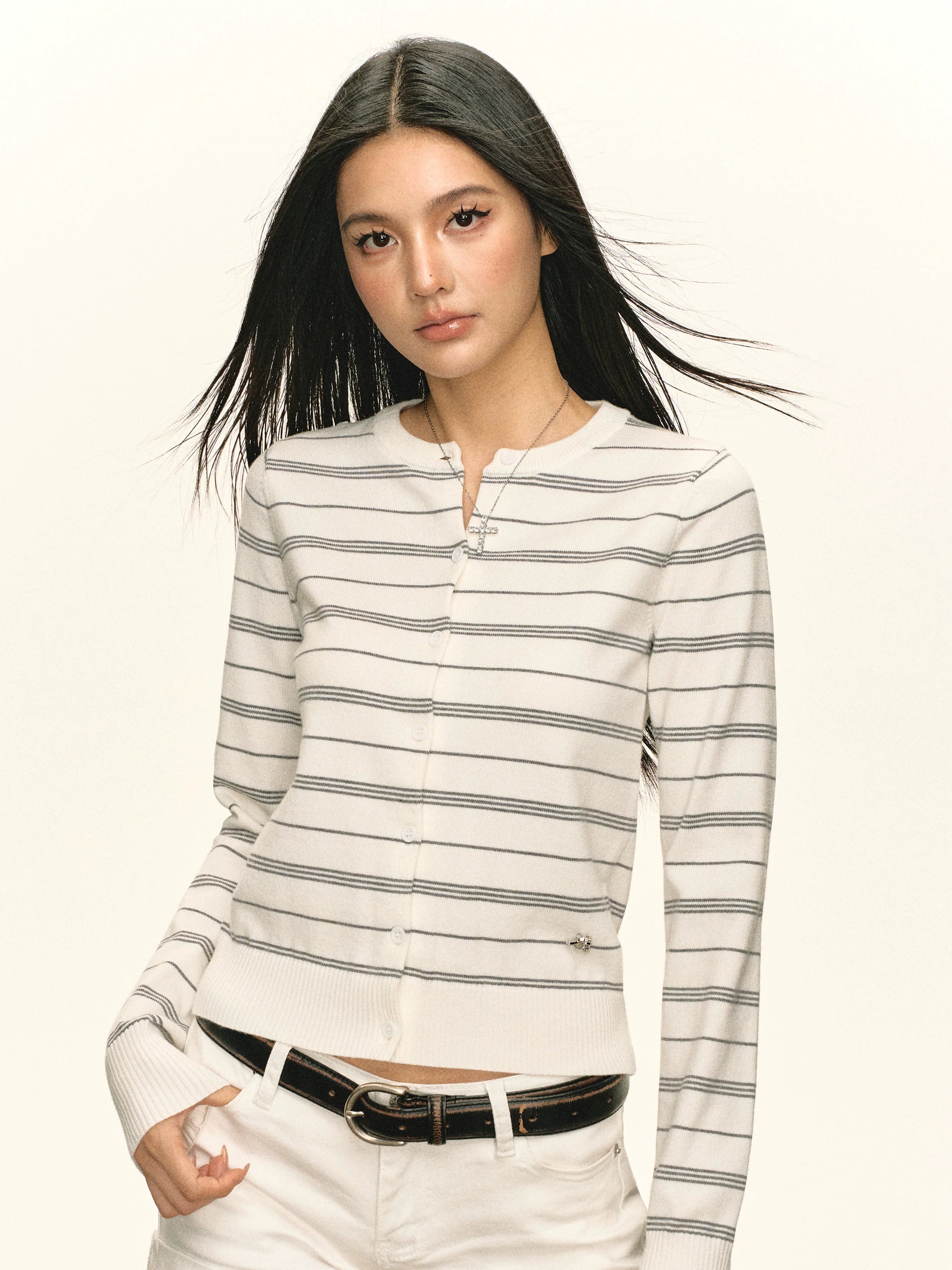 Striped Button-Front Knit Autumn Cardigan