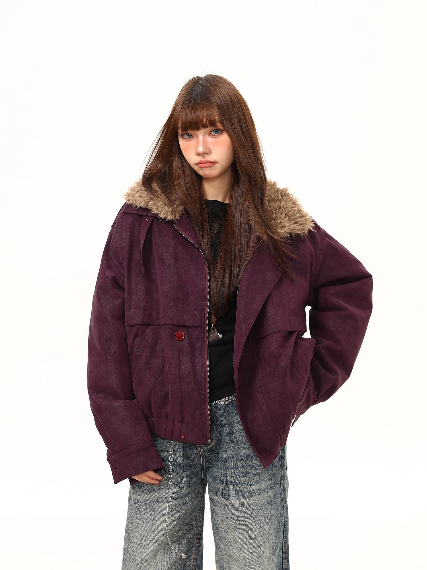 Plum Frost Faux Fur Collar Jacket