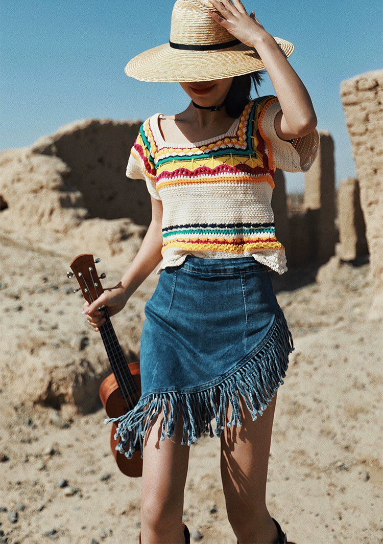 Asymmetrical Fringe Denim Skirt