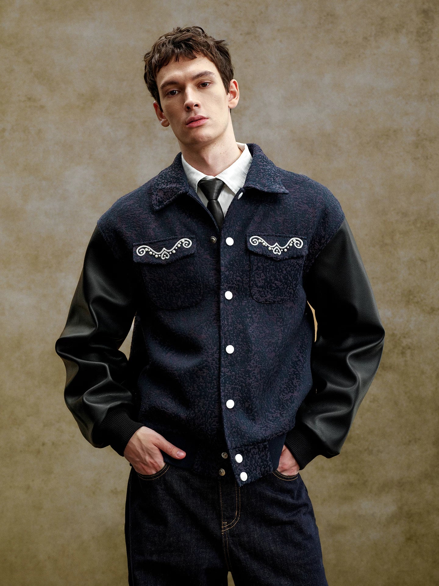 Pearl Embellished Contrast Sleeve Varsity Jacket