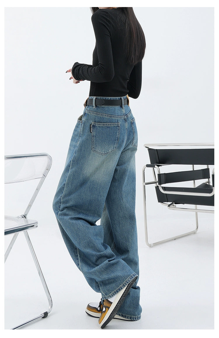 Blue Retro Loose Straight-Leg High-Waist Floor-Length Jeans - chiclara