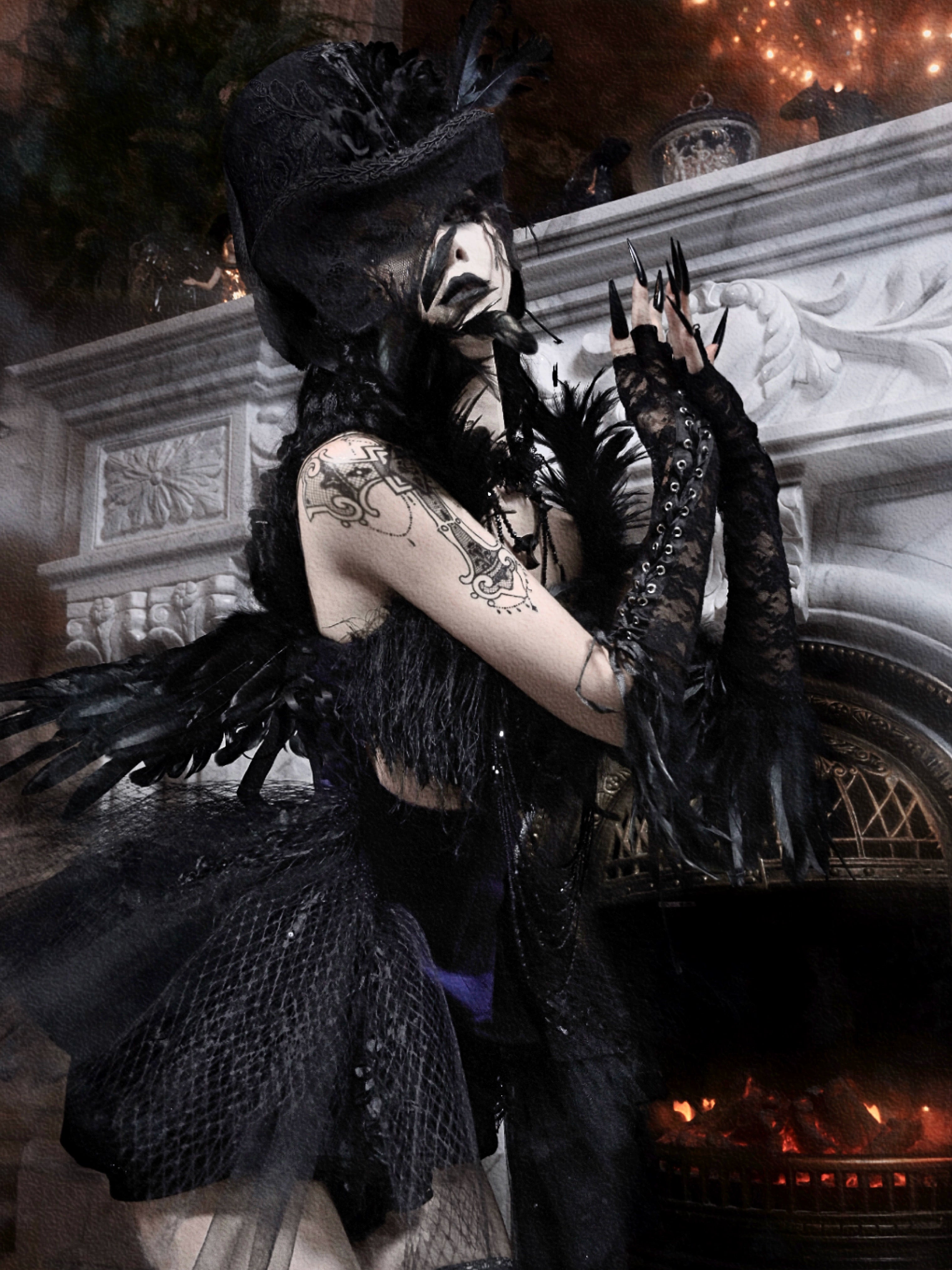 Gothic Black Swan Feather Tulle Corset Top