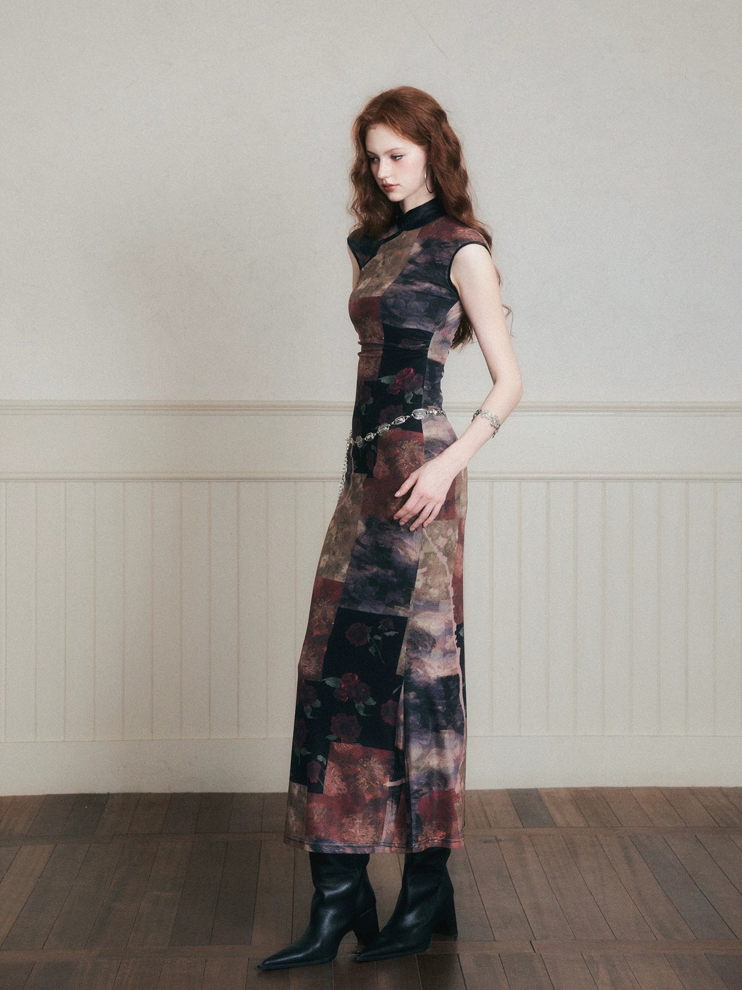 Vintage Noir Patchwork Cheongsam Maxi Dress