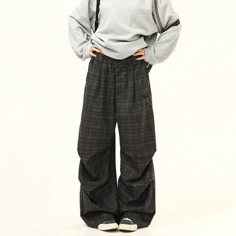 Layered Plaid Wide-Leg Pants
